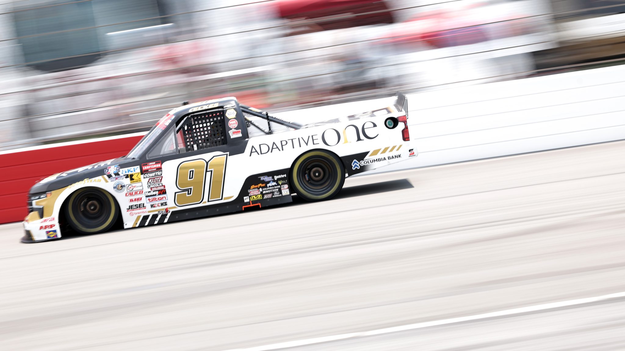 NORTH WILKESBORO, NORTH CAROLINA - JULY 18: The #91 Adaptive One Calipers Chevrolet driven by Christian Eckes during the NASCAR Craftsman Truck Series Faith Fest 250 at North Wilkesboro Speedway on July 18, 2026 in North Wilkesboro, North Carolina. (Photo by David Jensen/Getty Images) | Getty Images