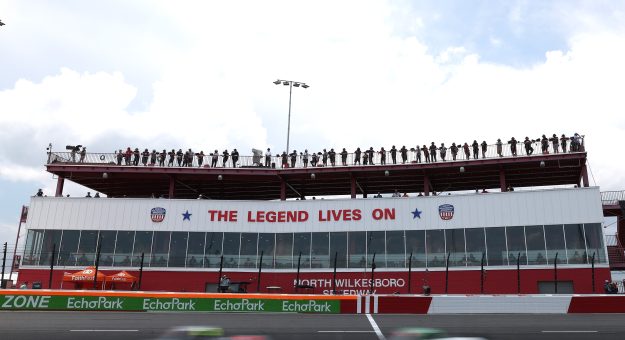 NORTH WILKESBORO, NORTH CAROLINA - JULY 18: A general view of racing during the NASCAR Craftsman Truck Series Faith Fest 250 at North Wilkesboro Speedway on July 18, 2026 in North Wilkesboro, North Carolina. (Photo by David Jensen/Getty Images) | Getty Images