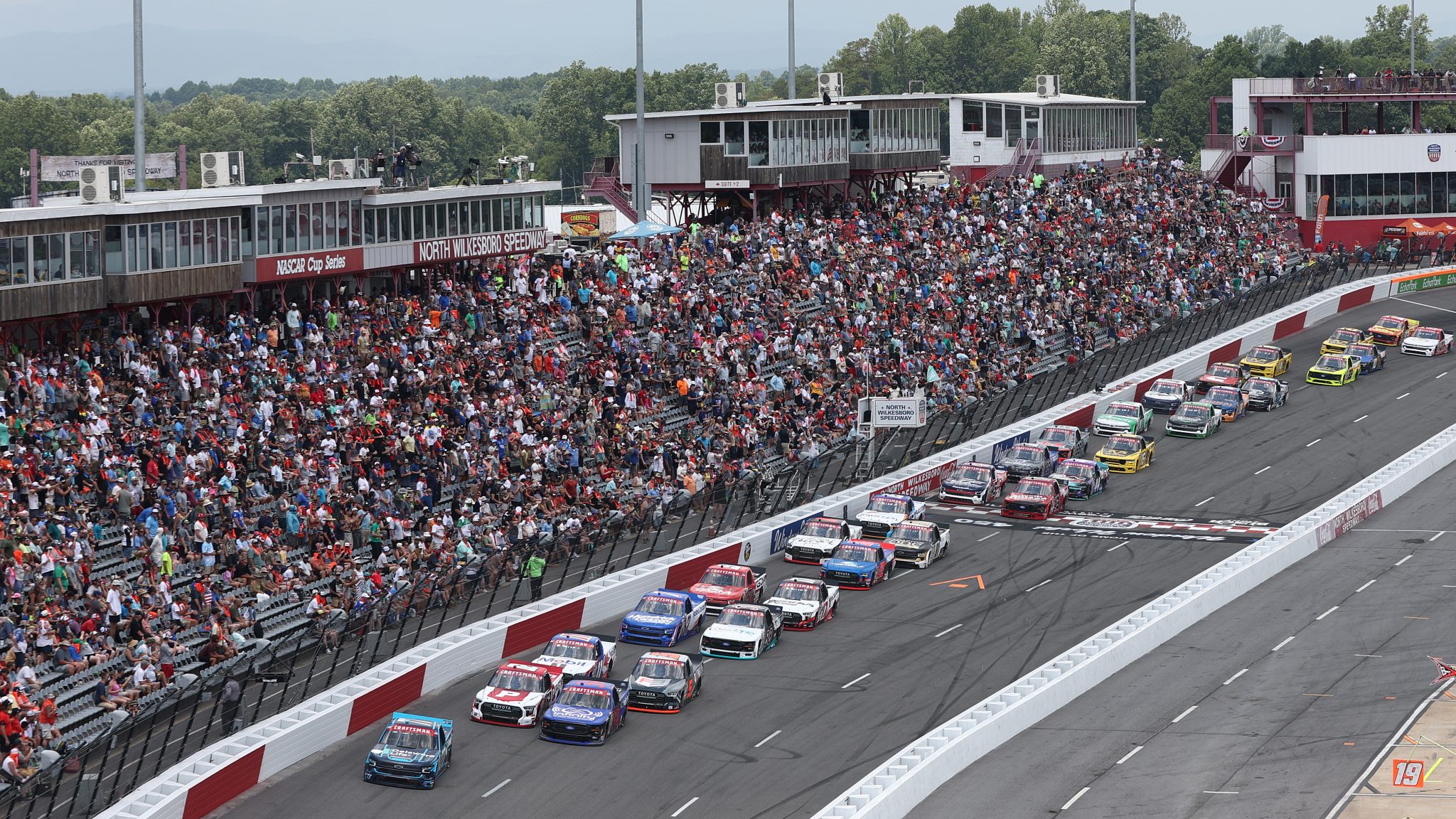 NORTH WILKESBORO, NORTH CAROLINA - JULY 18: A general view of racing during the NASCAR Craftsman Truck Series Faith Fest 250 at North Wilkesboro Speedway on July 18, 2026 in North Wilkesboro, North Carolina. (Photo by Meg Oliphant/Getty Images) | Getty Images