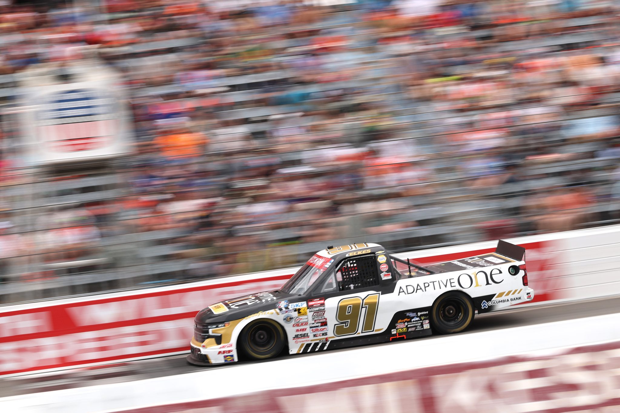 NORTH WILKESBORO, NORTH CAROLINA - JULY 18: Christian Eckes, driver of the #91 Adaptive One Calipers Chevrolet, drives during the NASCAR Craftsman Truck Series Faith Fest 250 at North Wilkesboro Speedway on July 18, 2026 in North Wilkesboro, North Carolina. (Photo by David Jensen/Getty Images) | Getty Images
