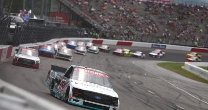 NORTH WILKESBORO, NORTH CAROLINA - JULY 18: Chandler Smith, driver of the #38 QuickTie Ford, leads the field during the NASCAR Craftsman Truck Series Faith Fest 250 at North Wilkesboro Speedway on July 18, 2026 in North Wilkesboro, North Carolina. (Photo by Meg Oliphant/Getty Images) | Getty Images