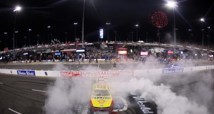 NORTH WILKESBORO, NORTH CAROLINA - JULY 19: Joey Logano, driver of the #22 Shell-Pennzoil Ford, celebrates with a burnout after winning the NASCAR Cup Series Window World 450 at North Wilkesboro Speedway on July 19, 2026 in North Wilkesboro, North Carolina. (Photo by David Jensen/Getty Images) | Getty Images