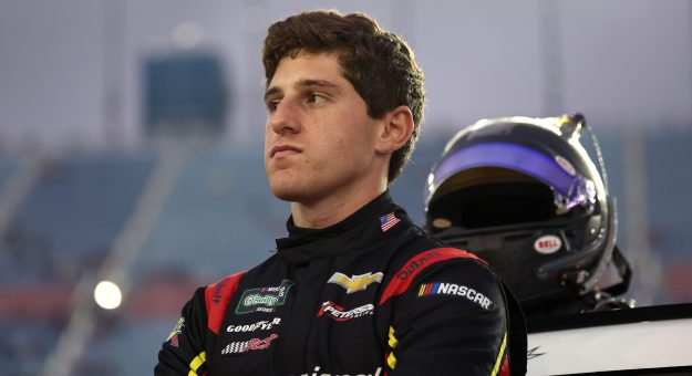 JOLIET, ILLINOIS - JULY 04: Nick Sanchez, driver of the #87 3-Dimensional Services Group Chevrolet, looks on prior to the NASCAR O'Reilly Auto Parts Series Cuervo 300 at Chicagoland Speedway on July 04, 2026 in Joliet, Illinois. (Photo by James Gilbert/Getty Images) | Getty Images