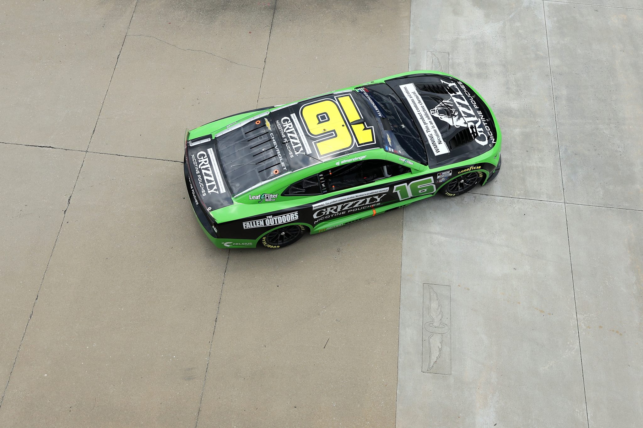 INDIANAPOLIS, INDIANA - JULY 24: AJ Allmendinger, driver of the #16 Grizzly Nicotine Pouches Chevrolet, enters the track during practice for the NASCAR Cup Series Brickyard 400 at Indianapolis Motor Speedway on July 24, 2026 in Indianapolis, Indiana. (Photo by Logan Riely/Getty Images)