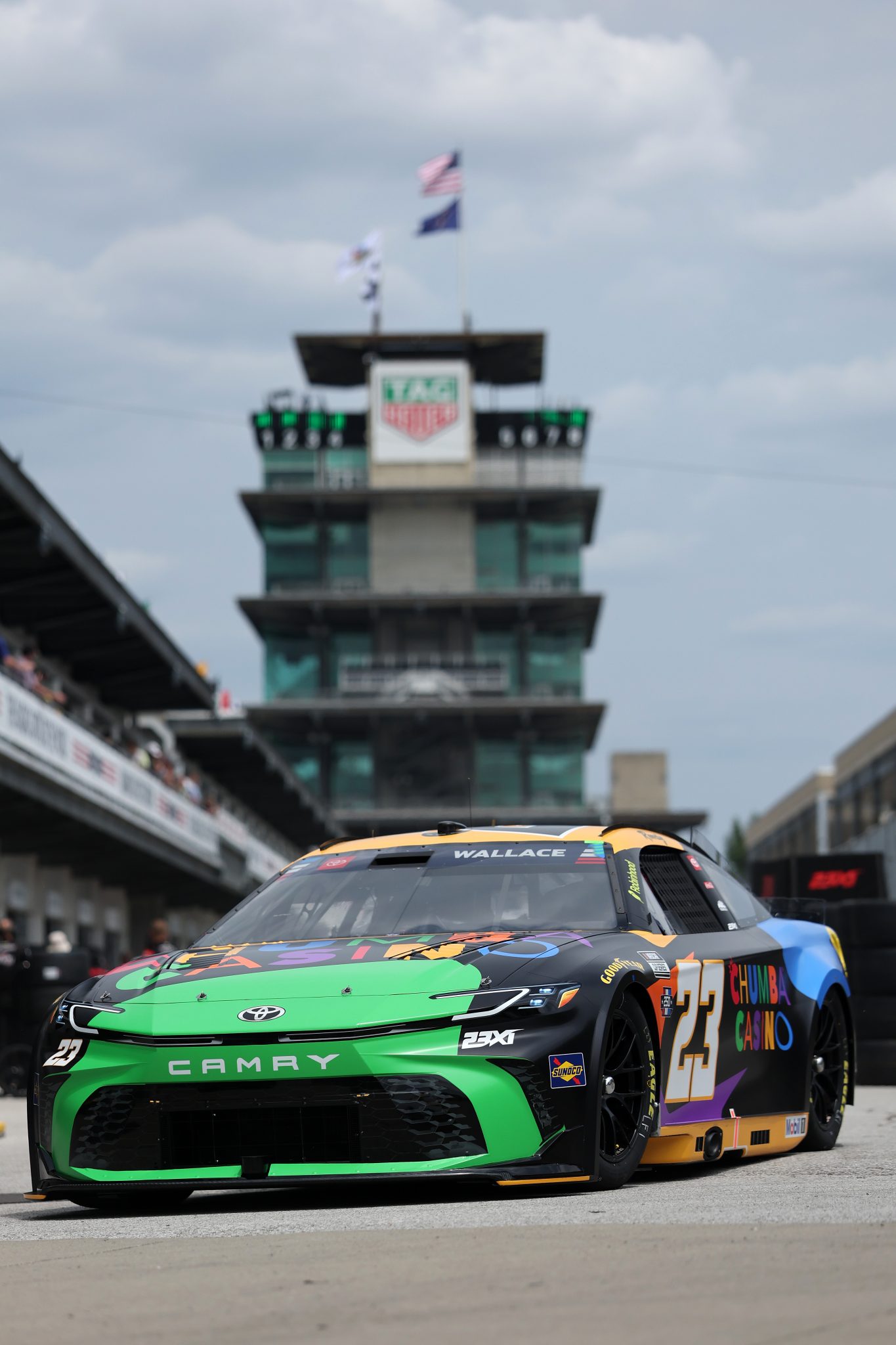 INDIANAPOLIS, INDIANA - JULY 24: Bubba Wallace, driver of the #23 Chumba Casino Toyota, drives through the garage area during practice for the NASCAR Cup Series Brickyard 400 at Indianapolis Motor Speedway on July 24, 2026 in Indianapolis, Indiana. (Photo by Logan Riely/Getty Images)