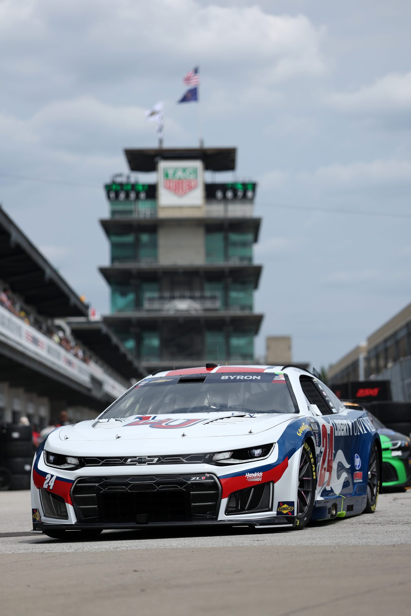 INDIANAPOLIS, INDIANA - JULY 24: William Byron, driver of the #24 Liberty University Chevrolet, drives through the garage area during practice for the NASCAR Cup Series Brickyard 400 at Indianapolis Motor Speedway on July 24, 2026 in Indianapolis, Indiana. (Photo by Logan Riely/Getty Images)