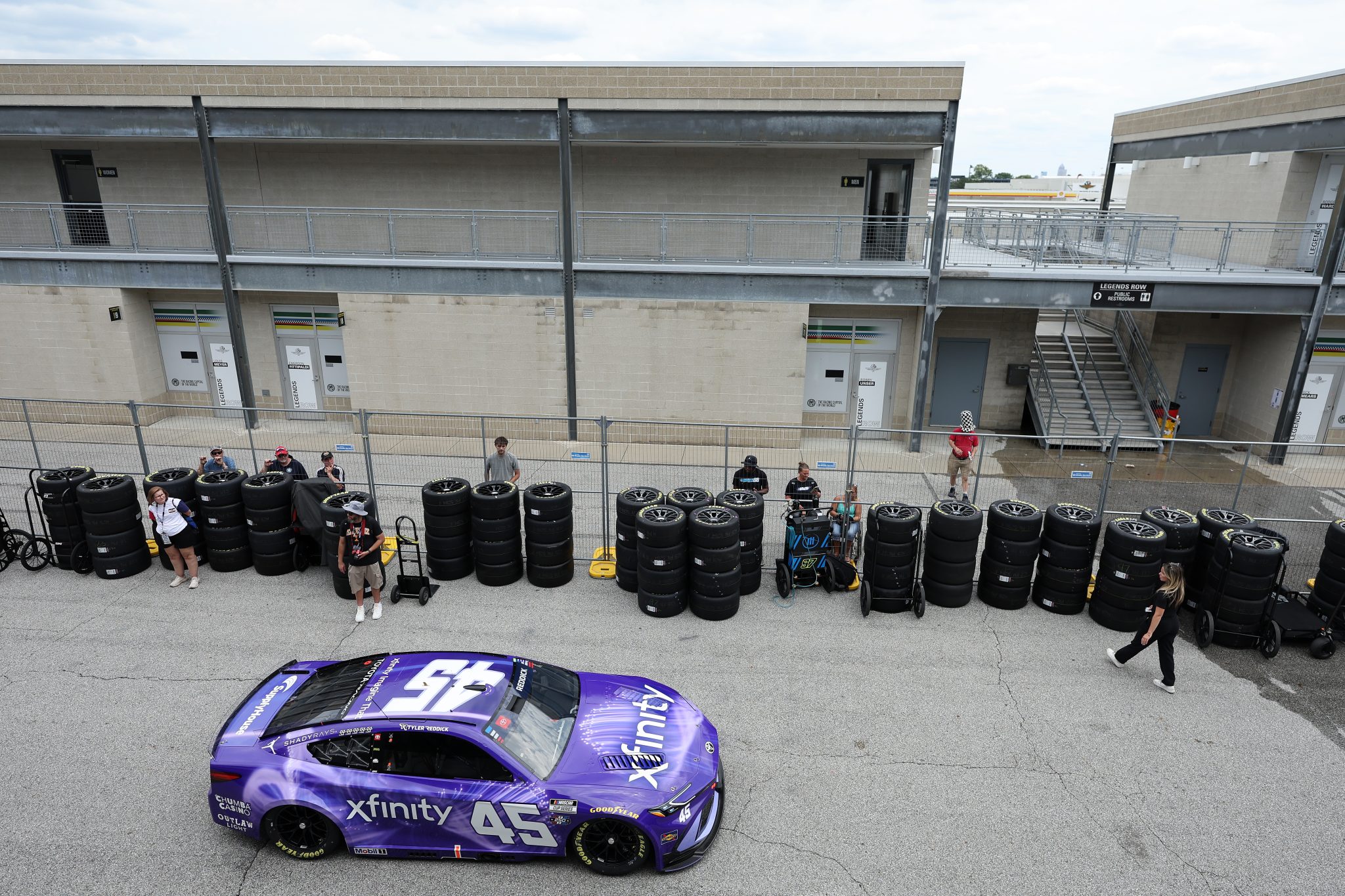 INDIANAPOLIS, INDIANA - JULY 24: Tyler Reddick, driver of the #45 Xfinity Toyota, drives through the garage area during practice for the NASCAR Cup Series Brickyard 400 at Indianapolis Motor Speedway on July 24, 2026 in Indianapolis, Indiana. (Photo by Logan Riely/Getty Images)