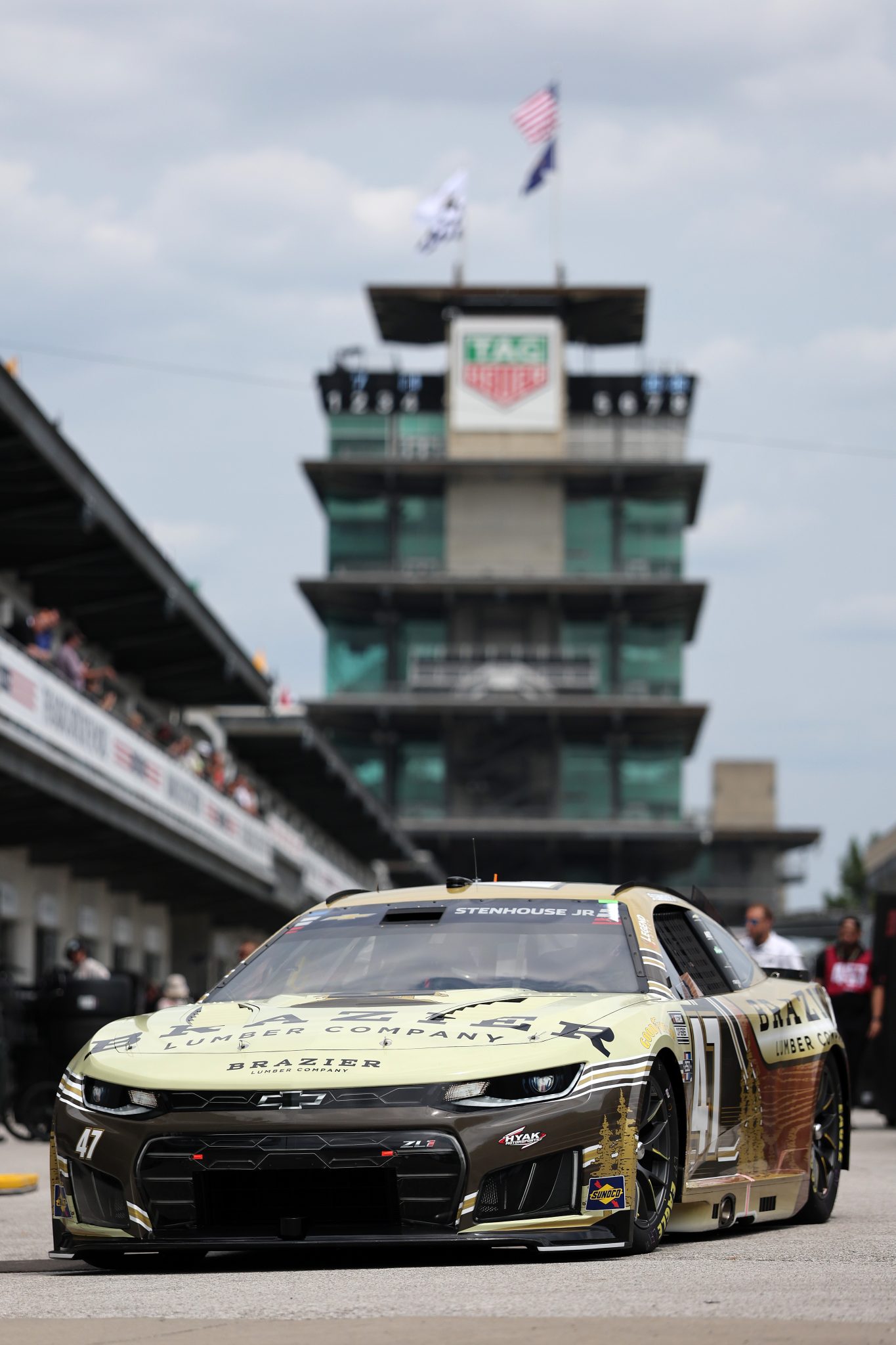 INDIANAPOLIS, INDIANA - JULY 24: Ricky Stenhouse Jr., driver of the #47 Brazier Lumber Company Chevrolet, drives through the garage area during practice for the NASCAR Cup Series Brickyard 400 at Indianapolis Motor Speedway on July 24, 2026 in Indianapolis, Indiana. (Photo by Logan Riely/Getty Images)