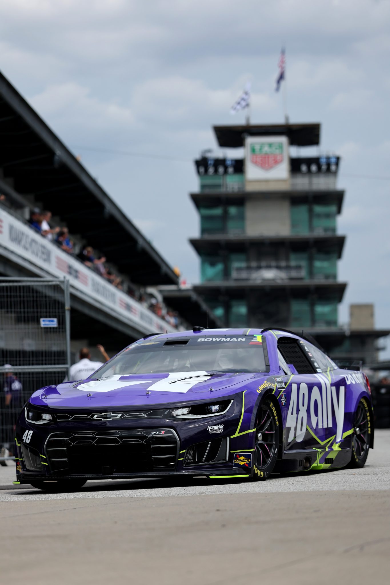 INDIANAPOLIS, INDIANA - JULY 24: Alex Bowman, driver of the #48 Ally Chevrolet, drives through the garage area during practice for the NASCAR Cup Series Brickyard 400 at Indianapolis Motor Speedway on July 24, 2026 in Indianapolis, Indiana. (Photo by Logan Riely/Getty Images)