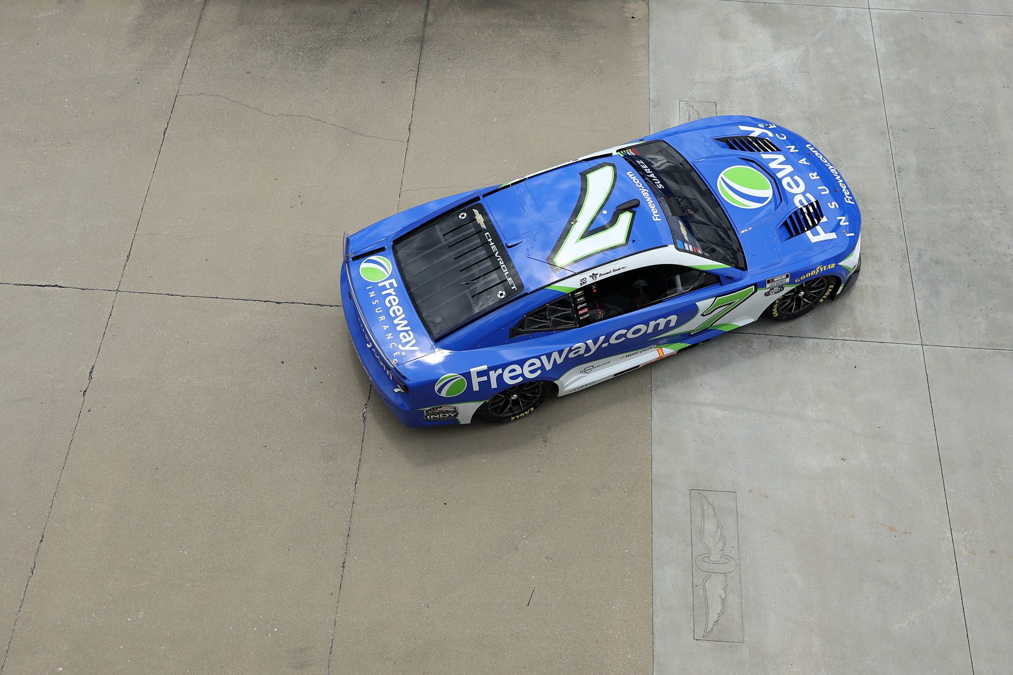INDIANAPOLIS, INDIANA - JULY 24: Daniel Suarez, driver of the #7 Freeway Insurance Chevrolet, enters the track during practice for the NASCAR Cup Series Brickyard 400 at Indianapolis Motor Speedway on July 24, 2026 in Indianapolis, Indiana. (Photo by Logan Riely/Getty Images)