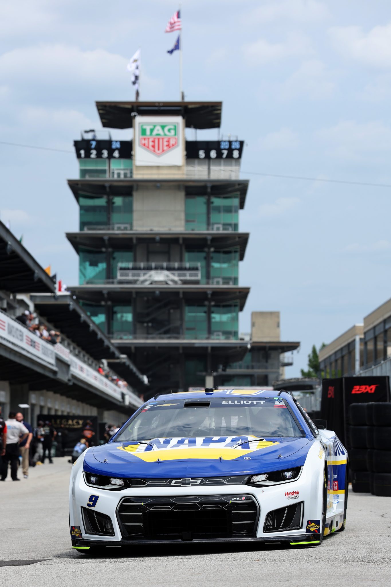 INDIANAPOLIS, INDIANA - JULY 24: Chase Elliott, driver of the #9 NAPA Auto Parts Chevrolet, drives through the garage area drives the garage area during practice for the NASCAR Cup Series Brickyard 400 at Indianapolis Motor Speedway on July 24, 2026 in Indianapolis, Indiana. (Photo by Logan Riely/Getty Images)