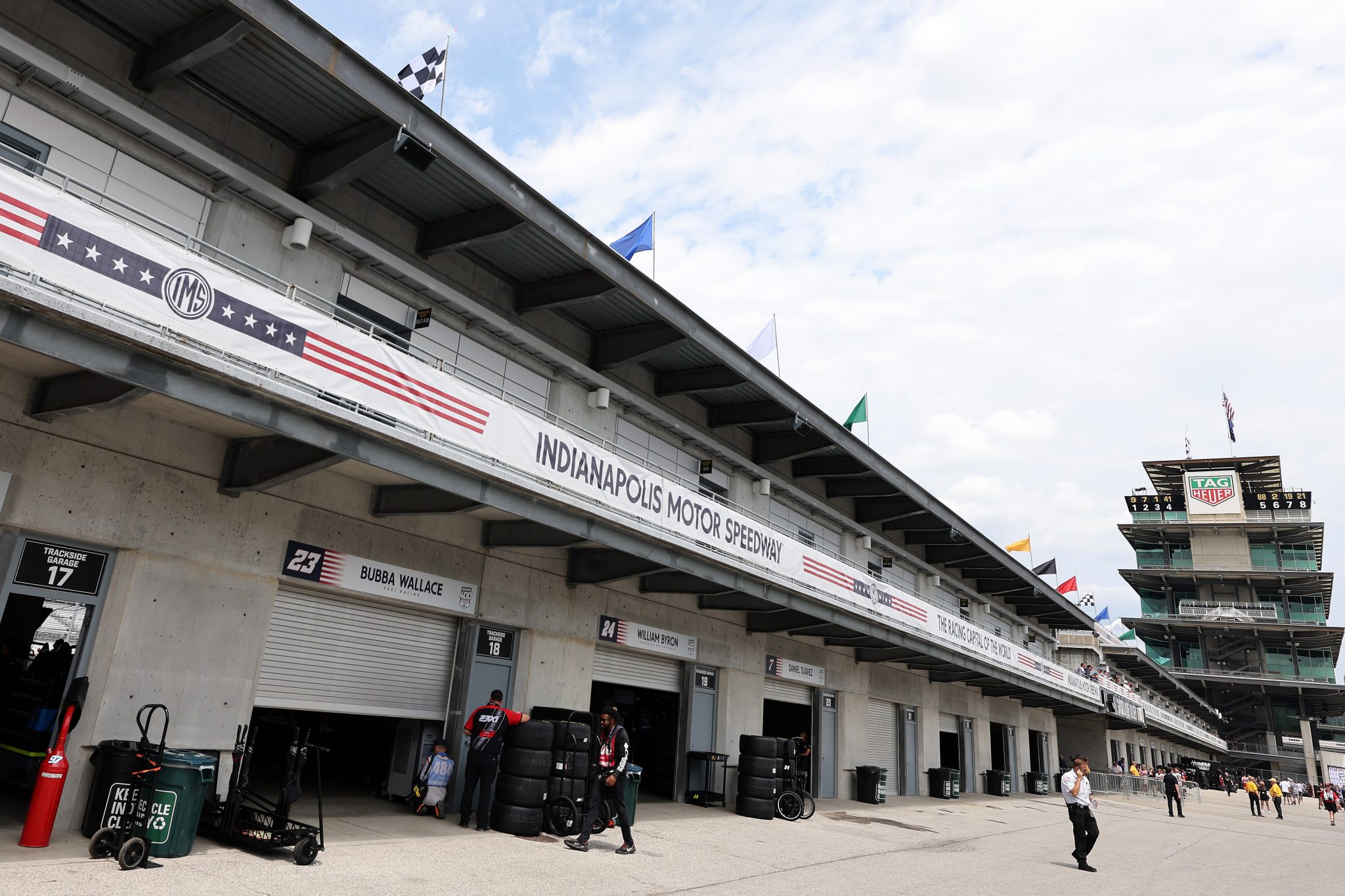 INDIANAPOLIS, INDIANA - JULY 24: A general view of the garage area during practice for the NASCAR Cup Series Brickyard 400 at Indianapolis Motor Speedway on July 24, 2026 in Indianapolis, Indiana. (Photo by Logan Riely/Getty Images)