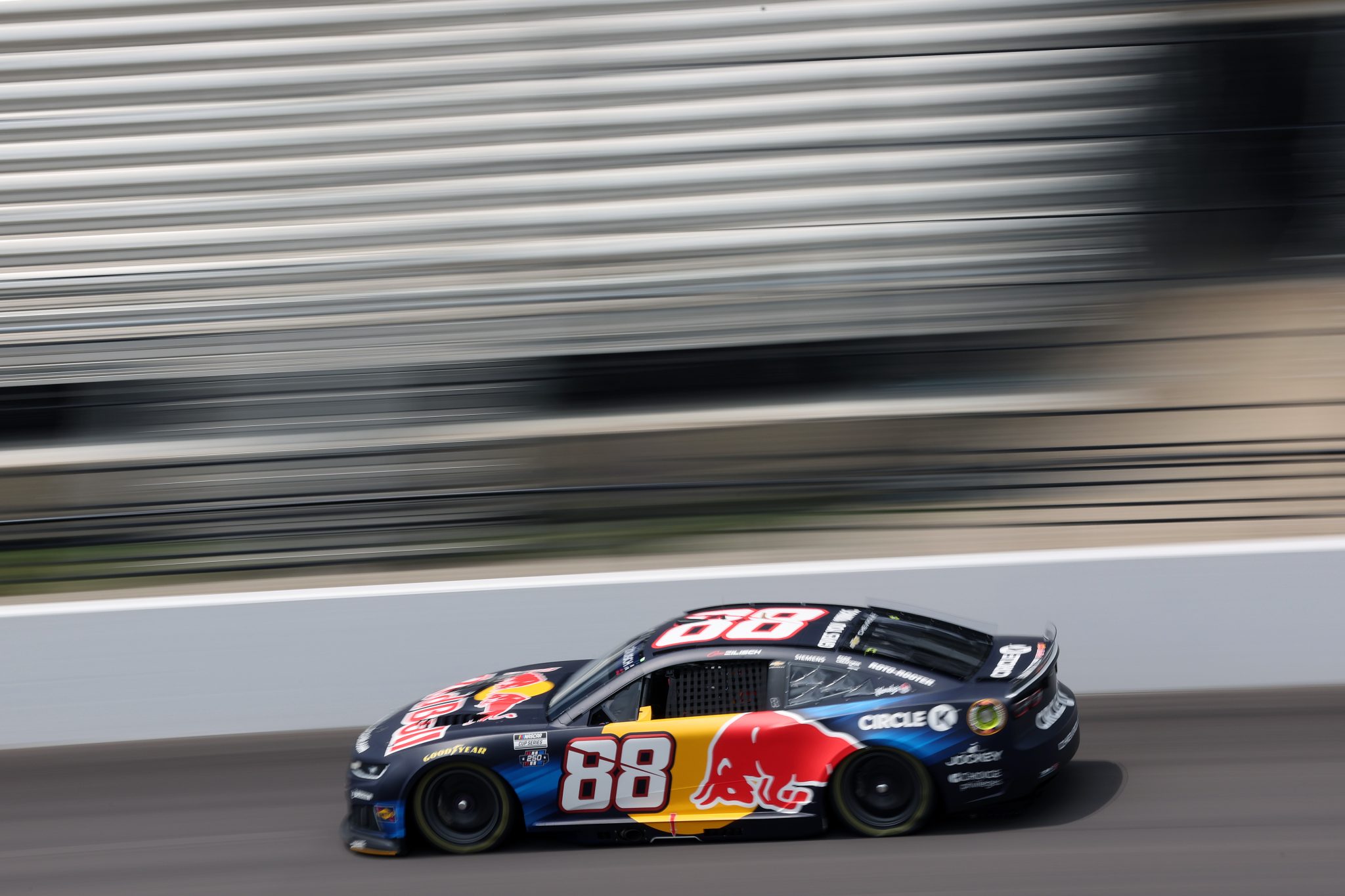 INDIANAPOLIS, INDIANA - JULY 24: Connor Zilisch, driver of the #88 Red Bull Chevrolet, drives during practice for the NASCAR Cup Series Brickyard 400 at Indianapolis Motor Speedway on July 24, 2026 in Indianapolis, Indiana. (Photo by Logan Riely/Getty Images)
