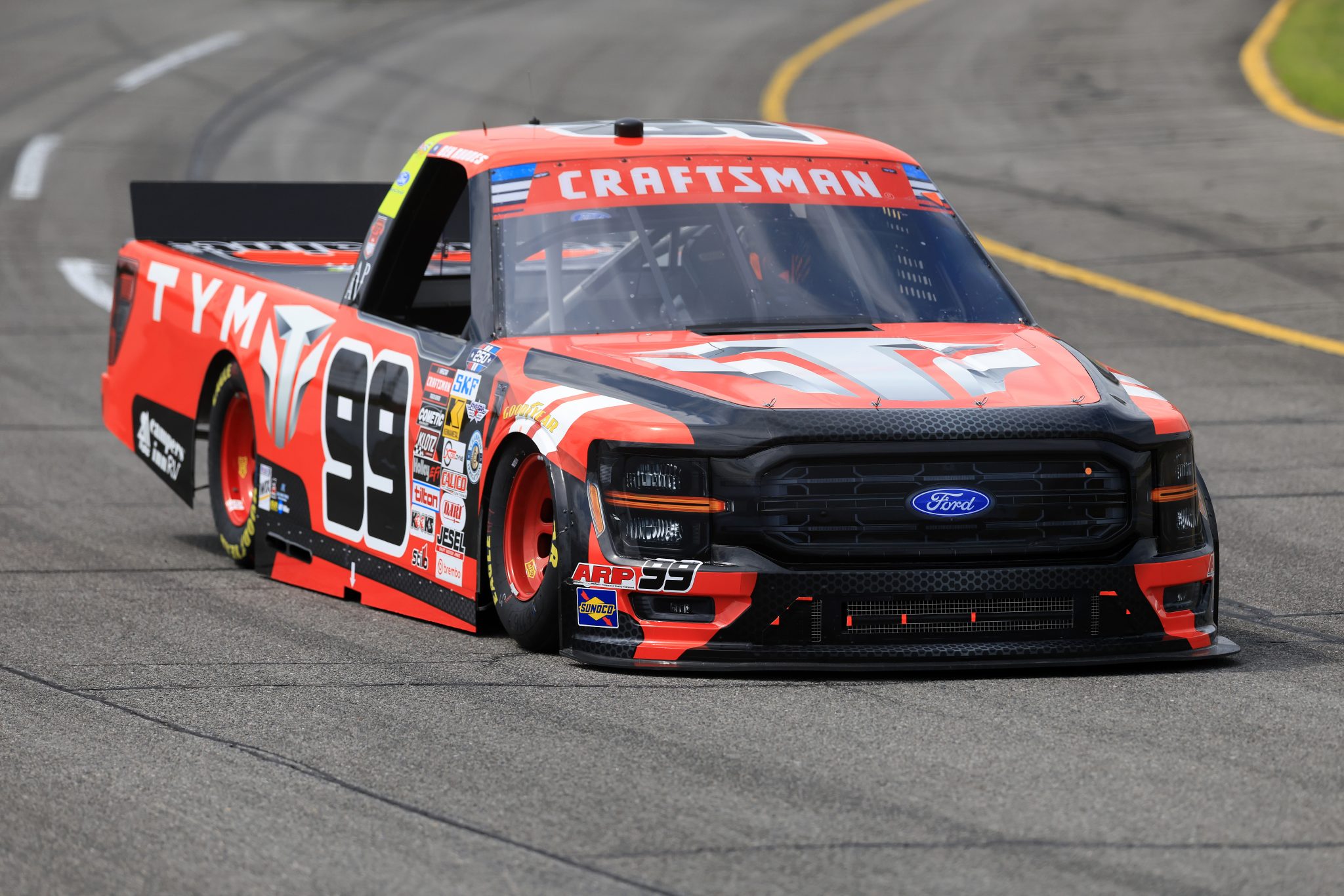 INDIANAPOLIS, INDIANA - JULY 24: Ben Rhodes, driver of the #99 TYM Ford, drives during practice for the NASCAR Craftsman Truck Series TSport 200 at Lucas Oil Indianapolis Raceway Park on July 24, 2026 in Indianapolis, Indiana. (Photo by Justin Casterline/Getty Images) | Getty Images