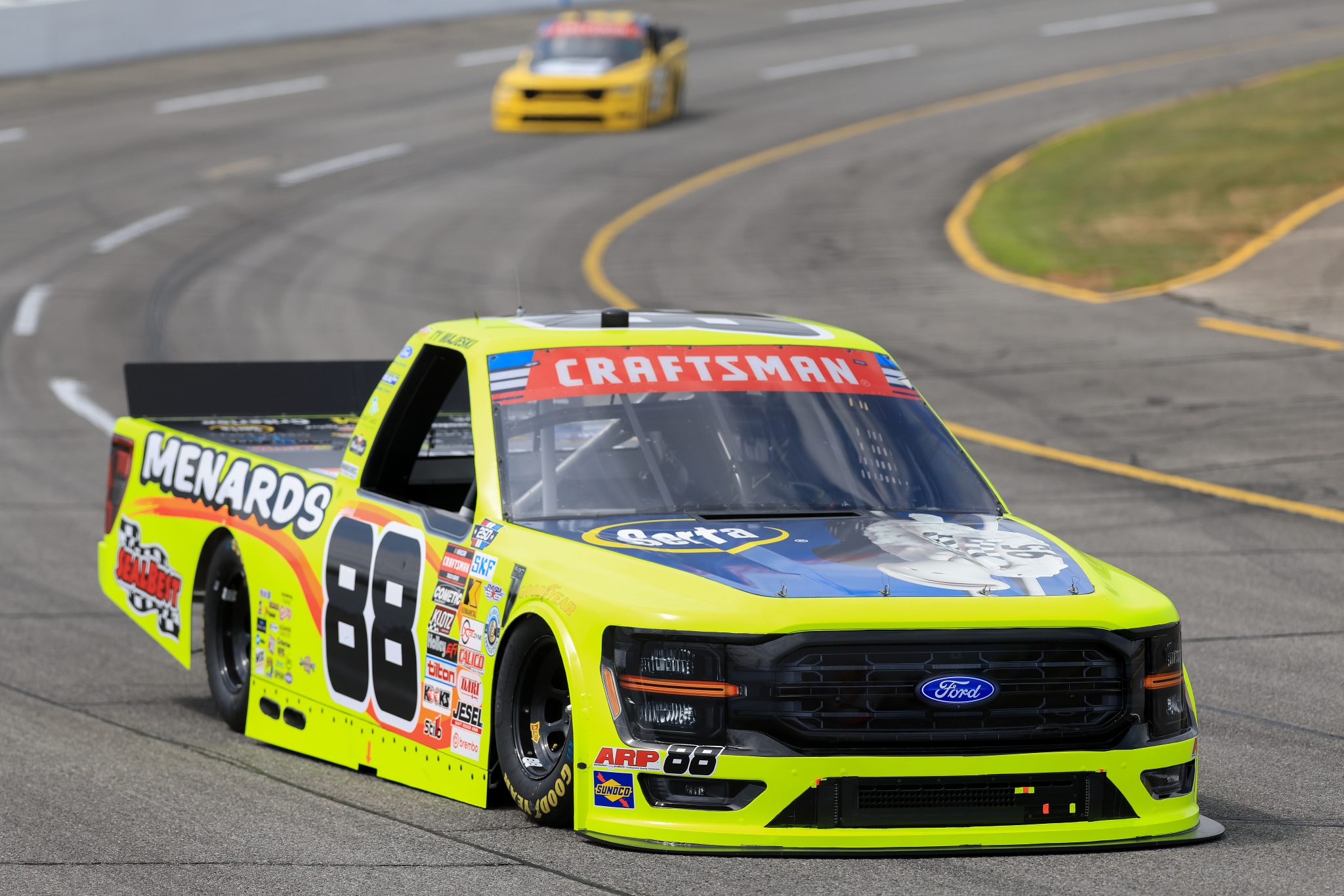 INDIANAPOLIS, INDIANA - JULY 24: Ty Majeski, driver of the #88 Serta/Menards Ford, drives during practice for the NASCAR Craftsman Truck Series TSport 200 at Lucas Oil Indianapolis Raceway Park on July 24, 2026 in Indianapolis, Indiana. (Photo by Justin Casterline/Getty Images) | Getty Images