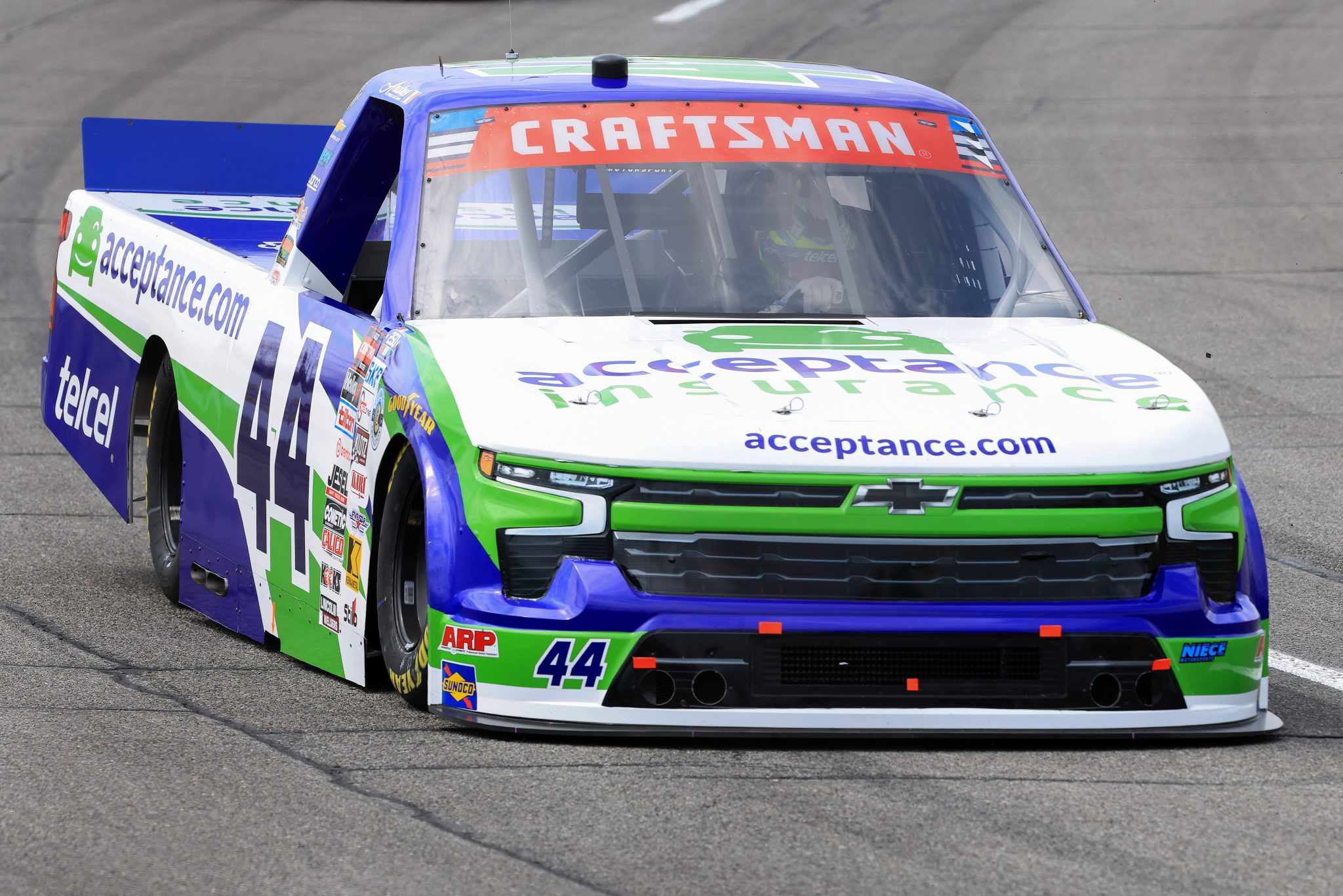 INDIANAPOLIS, INDIANA - JULY 24: Andres Perez De Lara, driver of the #44 Acceptance Insurance Chevrolet, drives during practice for the NASCAR Craftsman Truck Series TSport 200 at Lucas Oil Indianapolis Raceway Park on July 24, 2026 in Indianapolis, Indiana. (Photo by Justin Casterline/Getty Images) | Getty Images
