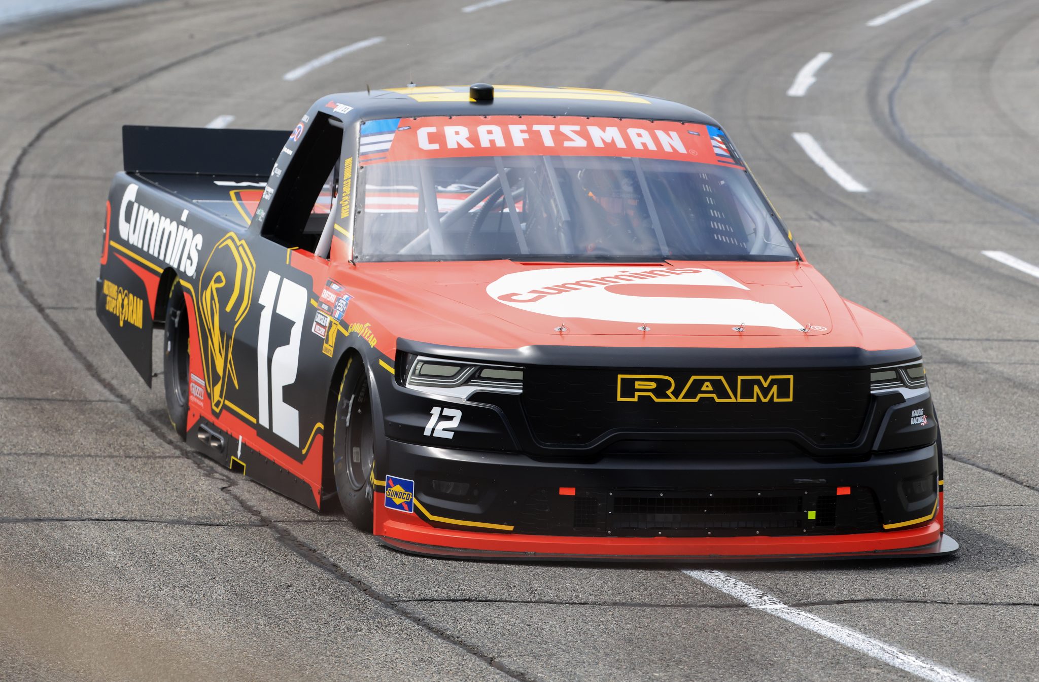 INDIANAPOLIS, INDIANA - JULY 24: Brenden Queen, driver of the #12 Cummins RAM, drives during practice for the NASCAR Craftsman Truck Series TSport 200 at Lucas Oil Indianapolis Raceway Park on July 24, 2026 in Indianapolis, Indiana. (Photo by Justin Casterline/Getty Images) | Getty Images
