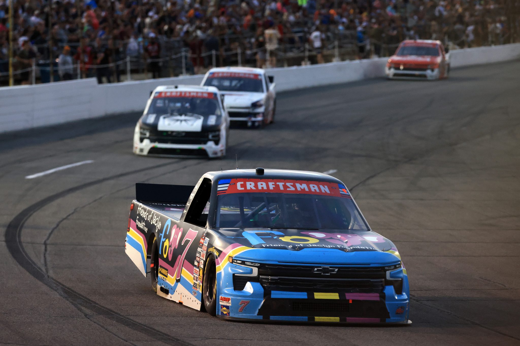 INDIANAPOLIS, INDIANA - JULY 24: Connor Mosack, driver of the #7 Friends of Jaclyn Foundation Chevrolet, drives during the NASCAR Craftsman Truck Series TSport 200 at Lucas Oil Indianapolis Raceway Park on July 24, 2026 in Indianapolis, Indiana. (Photo by Justin Casterline/Getty Images) | Getty Images