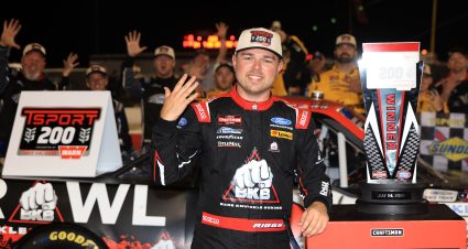 INDIANAPOLIS, INDIANA - JULY 24: Layne Riggs, driver of the #34 BKB Bare Knuckle Boxing Ford, celebrates in victory lane after winning the NASCAR Craftsman Truck Series TSport 200 at Lucas Oil Indianapolis Raceway Park on July 24, 2026 in Indianapolis, Indiana. (Photo by Justin Casterline/Getty Images) | Getty Images
