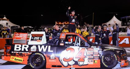 INDIANAPOLIS, INDIANA - JULY 24: Layne Riggs, driver of the #34 BKB Bare Knuckle Boxing Ford, celebrates in victory lane after winning the NASCAR Craftsman Truck Series TSport 200 at Lucas Oil Indianapolis Raceway Park on July 24, 2026 in Indianapolis, Indiana. (Photo by Justin Casterline/Getty Images) | Getty Images