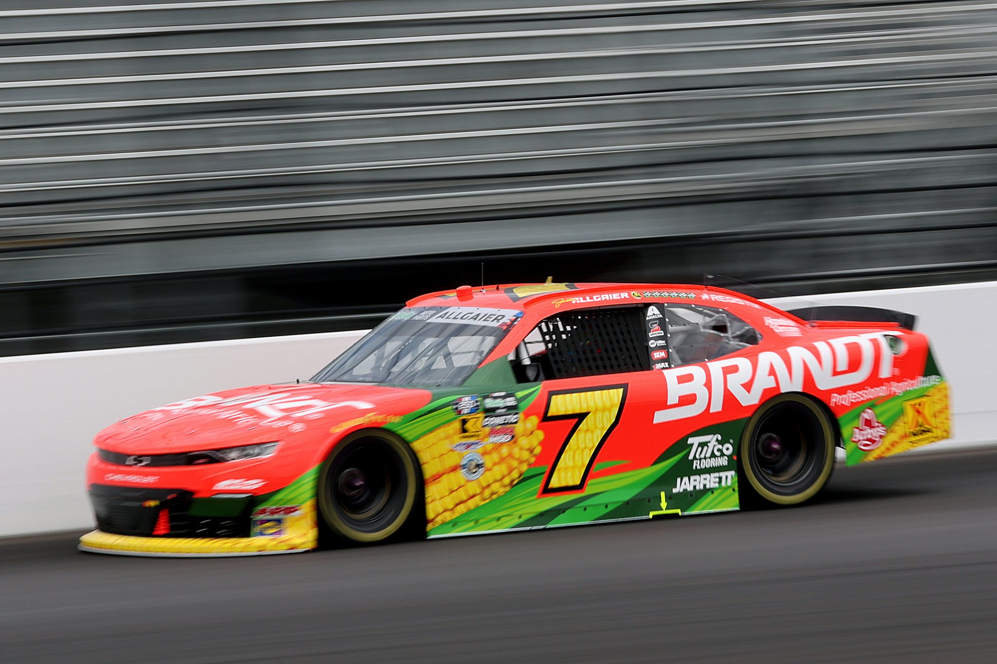 INDIANAPOLIS, INDIANA - JULY 24: Justin Allgaier, driver of the #7 BRANDT Professional Agriculture Chevrolet, drives during practice for the NASCAR O'Reilly Auto Parts Series Pennzoil 250 Presented by Take 5 Oil Change at Indianapolis Motor Speedway on July 24, 2026 in Indianapolis, Indiana. (Photo by Logan Riely/Getty Images)