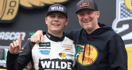 INDIANAPOLIS, INDIANA - JULY 25: Carson Kvapil, driver of the #1 Wilde Protein Crackers Chevrolet, celebrates with NASCAR Hall of Famer and JR Motorsports team owner, Dale Earnhardt Jr. in victory lane after winning the NASCAR O'Reilly Auto Parts Series Pennzoil 250 Presented by Take 5 Oil Change at Indianapolis Motor Speedway on July 25, 2026 in Indianapolis, Indiana. (Photo by Justin Casterline/Getty Images) | Getty Images