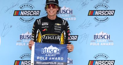 INDIANAPOLIS, INDIANA - JULY 25: Carson Hocevar, driver of the #77 Zeigler Auto Group Chevrolet, poses for photos after winning the pole award during qualifying for the NASCAR Cup Series Brickyard 400 at Indianapolis Motor Speedway on July 25, 2026 in Indianapolis, Indiana. (Photo by Logan Riely/Getty Images) | Getty Images