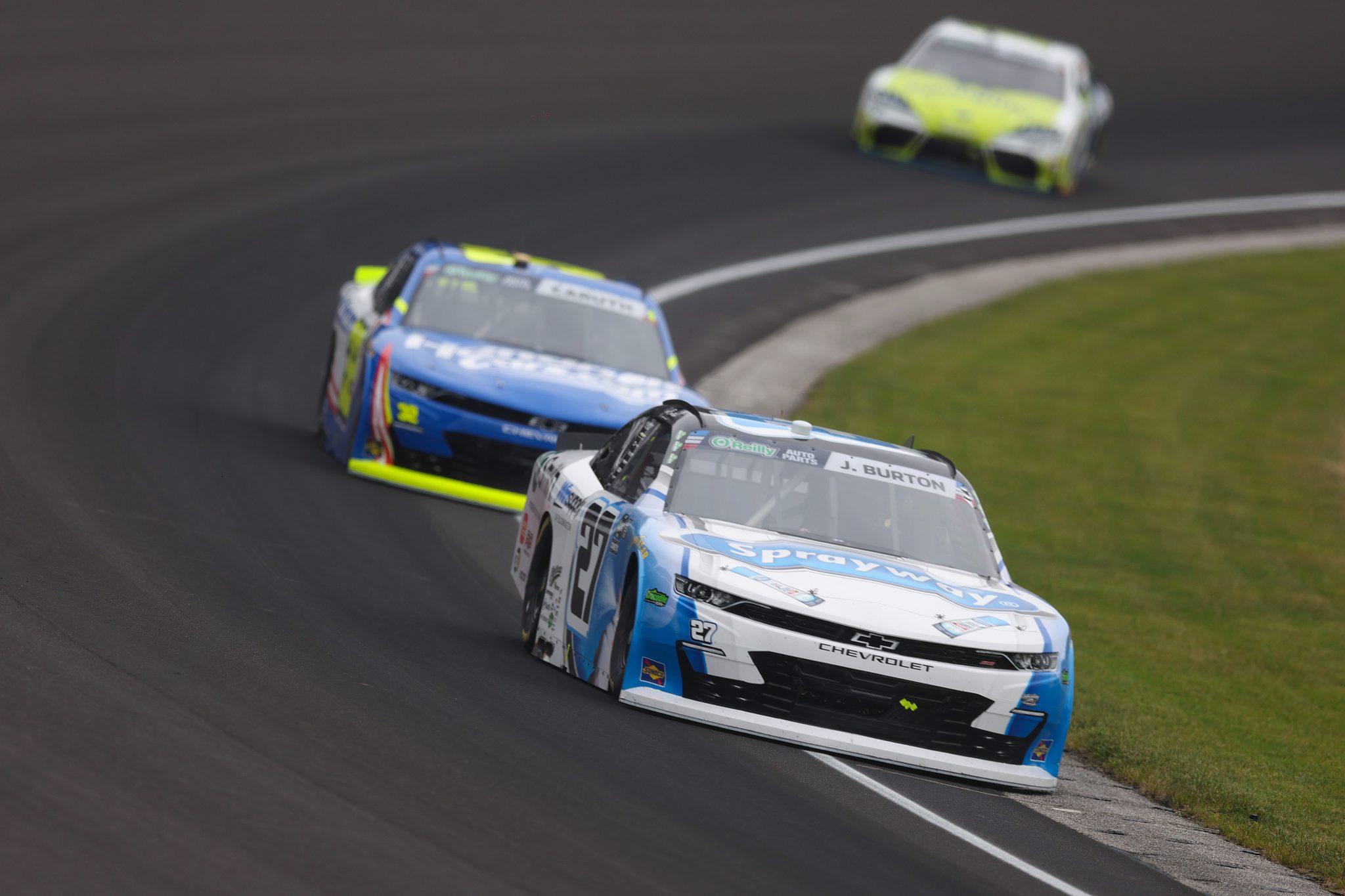 INDIANAPOLIS, INDIANA - JULY 25: Jeb Burton, driver of the #27 Sprayway/AO Smith Chevrolet, drives during the NASCAR O'Reilly Auto Parts Series Pennzoil 250 Presented by Take 5 Oil Change at Indianapolis Motor Speedway on July 25, 2026 in Indianapolis, Indiana. (Photo by Logan Riely/Getty Images) | Getty Images