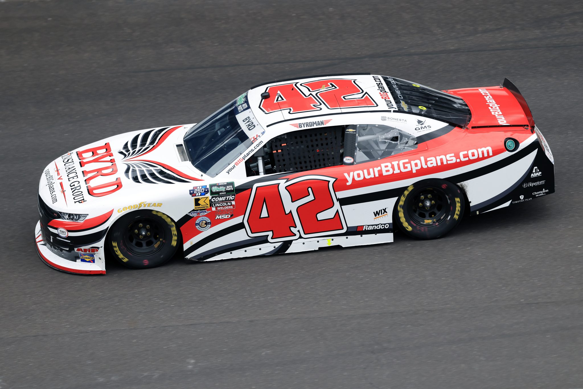 INDIANAPOLIS, INDIANA - JULY 25: Nathan Byrd, driver of the #42 Byrd Insurance Group Chevrolet, drives during the NASCAR O'Reilly Auto Parts Series Pennzoil 250 Presented by Take 5 Oil Change at Indianapolis Motor Speedway on July 25, 2026 in Indianapolis, Indiana. (Photo by Justin Casterline/Getty Images) | Getty Images