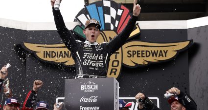 INDIANAPOLIS, INDIANA - JULY 26: Corey Heim, driver of the #67 Field & Stream Toyota, celebrates in victory lane after winning the NASCAR Cup Series Brickyard 400 at Indianapolis Motor Speedway on July 26, 2026 in Indianapolis, Indiana. (Photo by Sean Gardner/Getty Images) | Getty Images