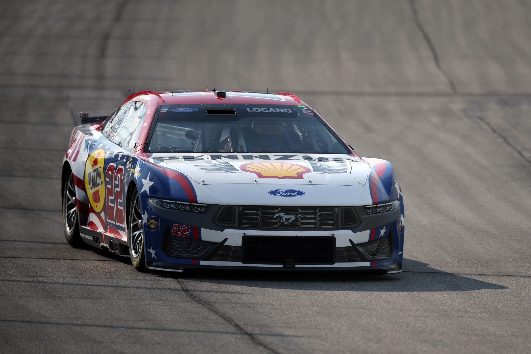 JOLIET, ILLINOIS - JULY 03: Joey Logano, driver of the #22 Shell Pennzoil Ford, drives during practice for the NASCAR Cup Series eero 400 at Chicagoland Speedway on July 03, 2026 in Joliet, Illinois. (Photo by James Gilbert/Getty Images) | Getty Images