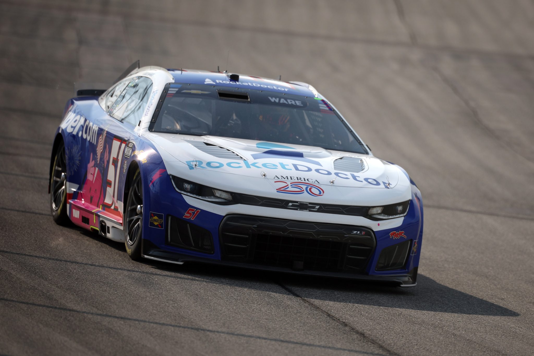 JOLIET, ILLINOIS - JULY 03: Cody Ware, driver of the #51 Super.com/Rocket Doctor Chevrolet, drives during practice for the NASCAR Cup Series eero 400 at Chicagoland Speedway on July 03, 2026 in Joliet, Illinois. (Photo by James Gilbert/Getty Images) | Getty Images