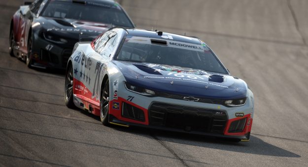 JOLIET, ILLINOIS - JULY 03: Michael McDowell, driver of the #71 Veterans 1001/Delaware Life Chevrolet, and Ricky Stenhouse Jr., driver of the #47 Pylon Aviation Chevrolet, drive during practice for the NASCAR Cup Series eero 400 at Chicagoland Speedway on July 03, 2026 in Joliet, Illinois. (Photo by James Gilbert/Getty Images) | Getty Images