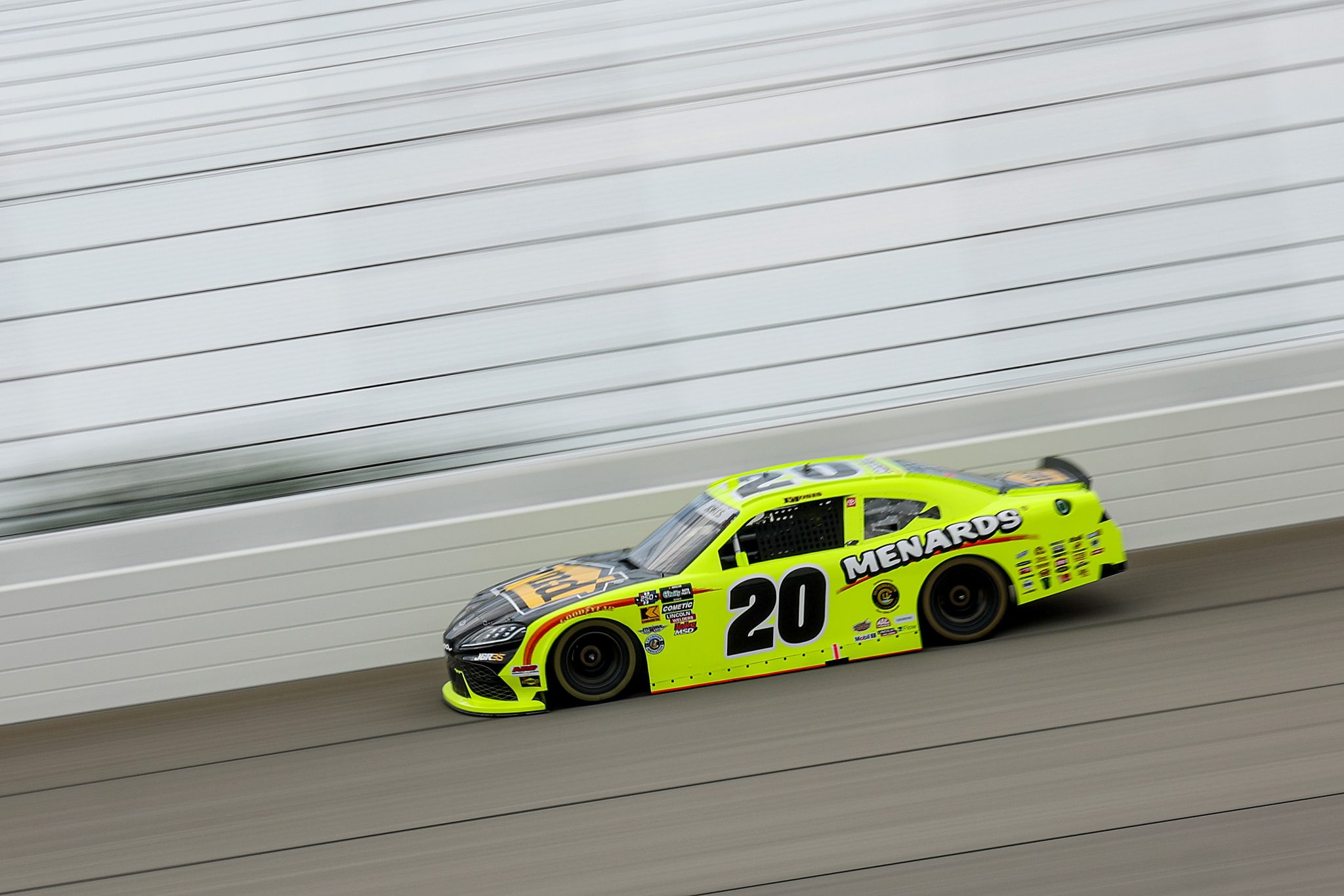 JOLIET, ILLINOIS - JULY 04: Brandon Jones, driver of the #20 Menards/MD Building Products Toyota, drives during practice for the NASCAR O'Reilly Auto Parts Series Cuervo 300 at Chicagoland Speedway on July 04, 2026 in Joliet, Illinois. (Photo by James Gilbert/Getty Images) | Getty Images