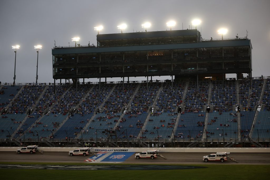 JOLIET, ILLINOIS - JULY 04: The NASCAR track drying team work to dry the track during a weather delay of the NASCAR O'Reilly Auto Parts Series Cuervo 300 at Chicagoland Speedway on July 04, 2026 in Joliet, Illinois. (Photo by James Gilbert/Getty Images) | Getty Images