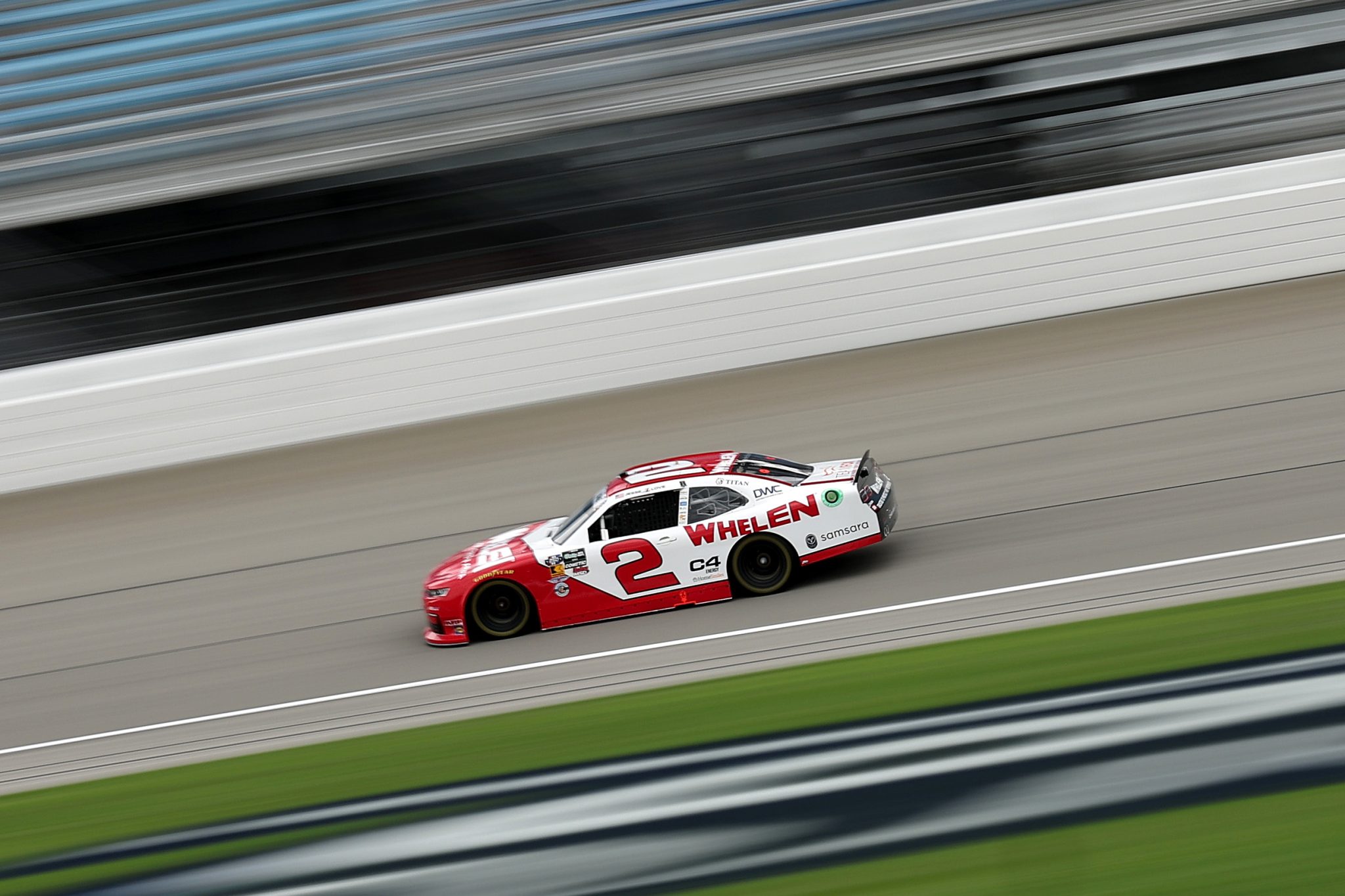 JOLIET, ILLINOIS - JULY 04: Jesse Love, driver of the #2 Whelen Chevrolet, drives during practice for the NASCAR O'Reilly Auto Parts Series Cuervo 300 at Chicagoland Speedway on July 04, 2026 in Joliet, Illinois. (Photo by James Gilbert/Getty Images) | Getty Images