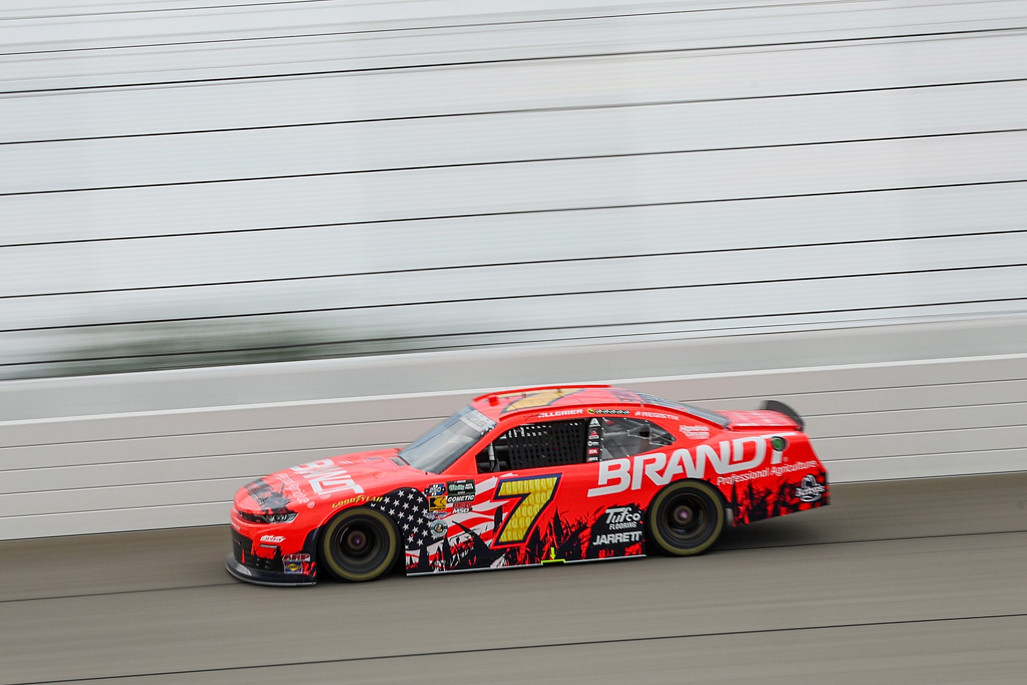 JOLIET, ILLINOIS - JULY 04: Justin Allgaier, driver of the #7 BRANDT Professional Agriculture Chevrolet, drives during practice for the NASCAR O'Reilly Auto Parts Series Cuervo 300 at Chicagoland Speedway on July 04, 2026 in Joliet, Illinois. (Photo by James Gilbert/Getty Images) | Getty Images