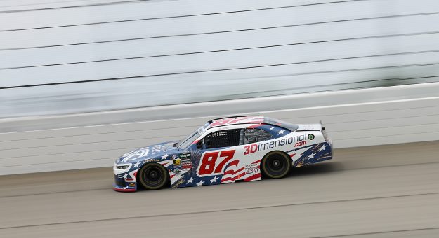 JOLIET, ILLINOIS - JULY 04: Nick Sanchez, driver of the #87 3-Dimensional Services Group Chevrolet, drives during practice for the NASCAR O'Reilly Auto Parts Series Cuervo 300 at Chicagoland Speedway on July 04, 2026 in Joliet, Illinois. (Photo by James Gilbert/Getty Images) | Getty Images