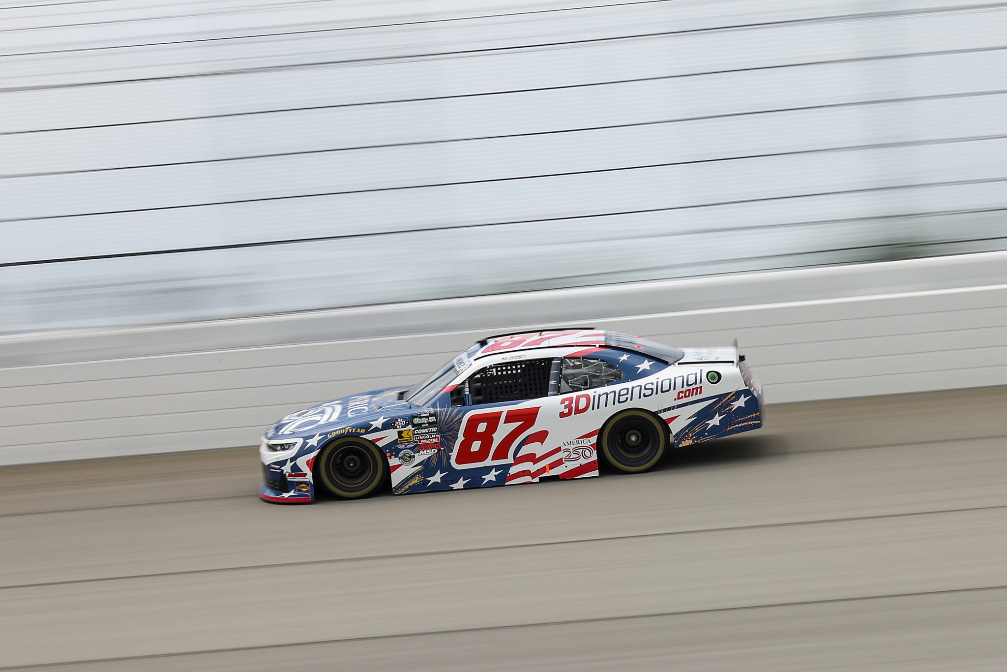 JOLIET, ILLINOIS - JULY 04: Nick Sanchez, driver of the #87 3-Dimensional Services Group Chevrolet, drives during practice for the NASCAR O'Reilly Auto Parts Series Cuervo 300 at Chicagoland Speedway on July 04, 2026 in Joliet, Illinois. (Photo by James Gilbert/Getty Images) | Getty Images