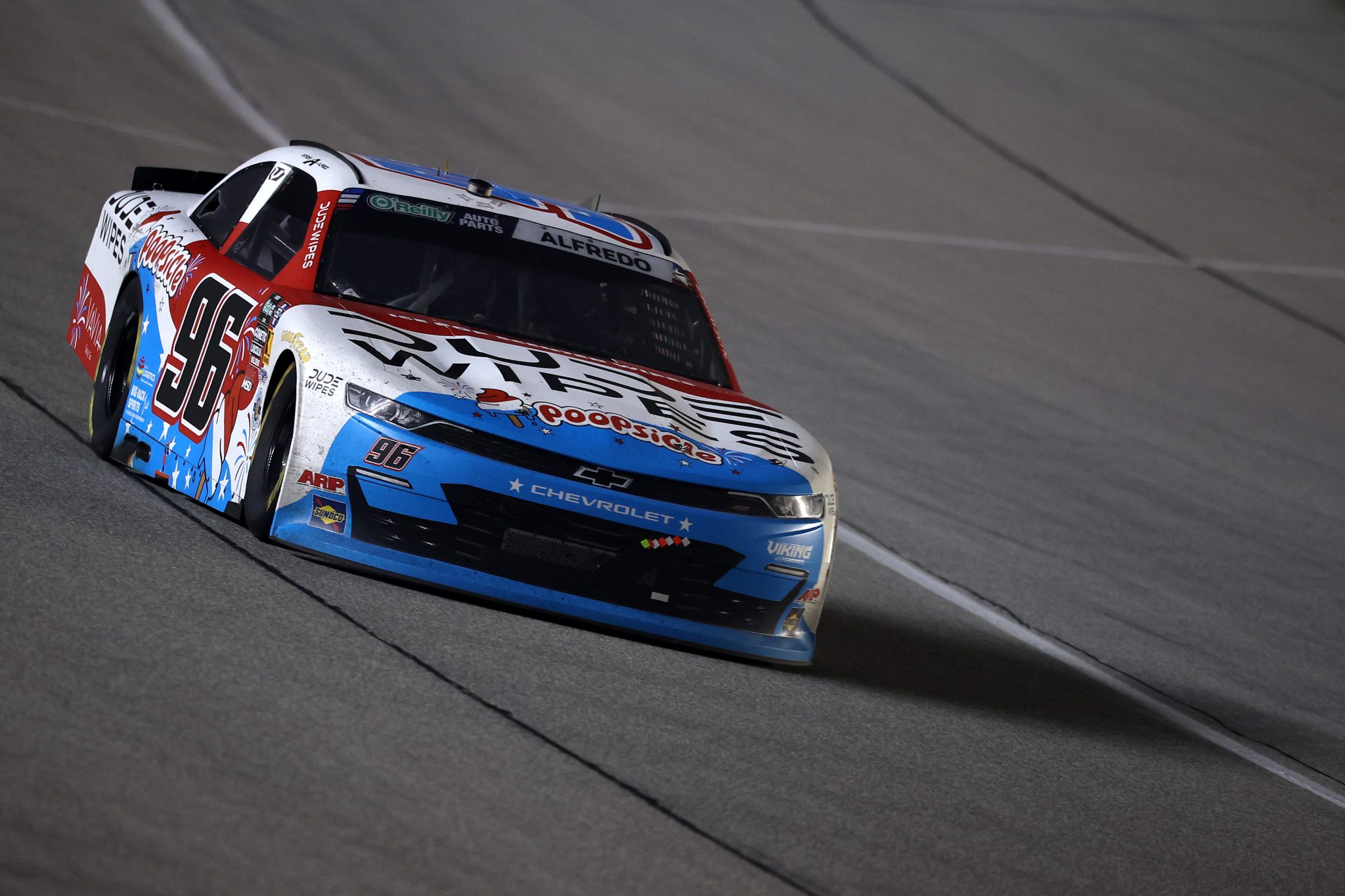 JOLIET, ILLINOIS - JULY 04: Anthony Alfredo, driver of the #96 Dude Wipes Poopsicle Chevrolet, drives during the NASCAR O'Reilly Auto Parts Series Cuervo 300 at Chicagoland Speedway on July 04, 2026 in Joliet, Illinois. (Photo by James Gilbert/Getty Images) | Getty Images