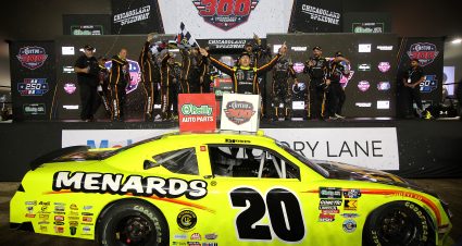 JOLIET, ILLINOIS - JULY 04: Brandon Jones, driver of the #20 Menards/MD Building Products Toyota, celebrates in victory lane after winning the NASCAR O'Reilly Auto Parts Series Cuervo 300 at Chicagoland Speedway on July 04, 2026 in Joliet, Illinois. (Photo by Jonathan Bachman/Getty Images) | Getty Images