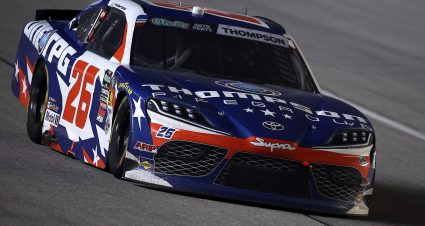 JOLIET, ILLINOIS - JULY 04: Dean Thompson, driver of the #26 Thompson Pipe Group Toyota, drives during the NASCAR O'Reilly Auto Parts Series Cuervo 300 at Chicagoland Speedway on July 04, 2026 in Joliet, Illinois. (Photo by James Gilbert/Getty Images) | Getty Images