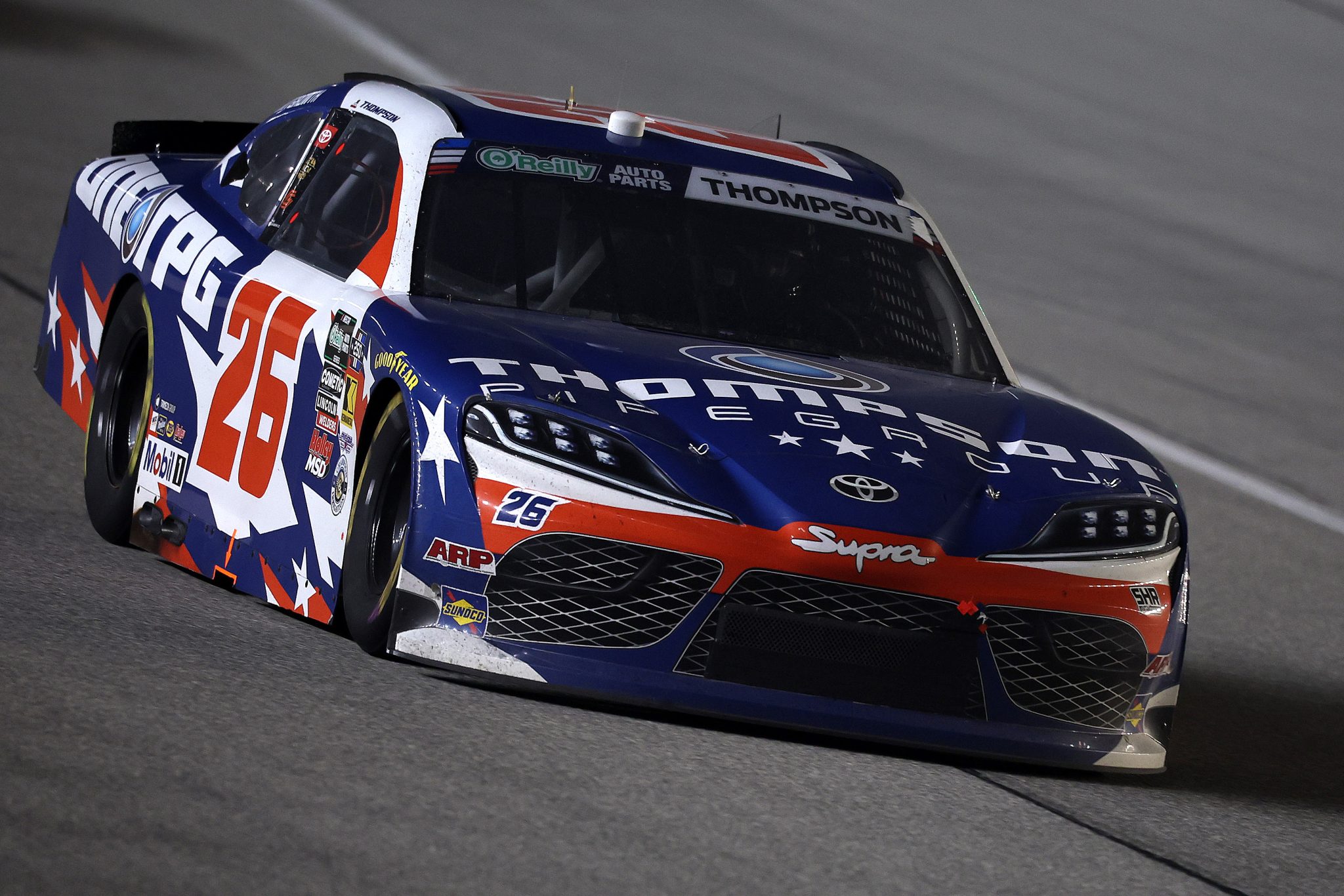 JOLIET, ILLINOIS - JULY 04: Dean Thompson, driver of the #26 Thompson Pipe Group Toyota, drives during the NASCAR O'Reilly Auto Parts Series Cuervo 300 at Chicagoland Speedway on July 04, 2026 in Joliet, Illinois. (Photo by James Gilbert/Getty Images) | Getty Images