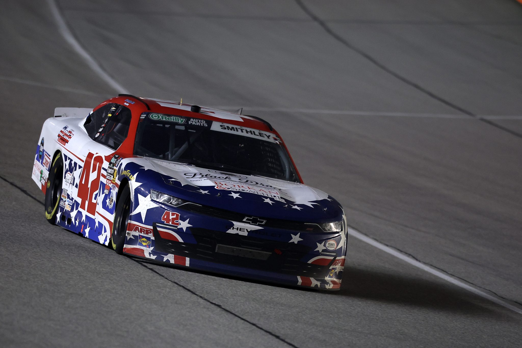 JOLIET, ILLINOIS - JULY 04: Garrett Smithley, driver of the #42 Borland & Scahill. Ltd. Chevrolet, drives during the NASCAR O'Reilly Auto Parts Series Cuervo 300 at Chicagoland Speedway on July 04, 2026 in Joliet, Illinois. (Photo by James Gilbert/Getty Images) | Getty Images