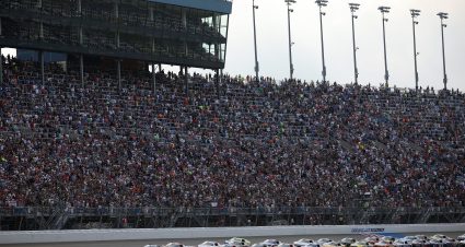 JOLIET, ILLINOIS - JULY 05: Denny Hamlin, driver of the #11 Progressive Insurance Toyota, and Kyle Larson, driver of the #5 HendrickCars.com Chevrolet, lead the field to start the NASCAR Cup Series eero 400 at Chicagoland Speedway on July 05, 2026 in Joliet, Illinois. (Photo by James Gilbert/Getty Images) | Getty Images