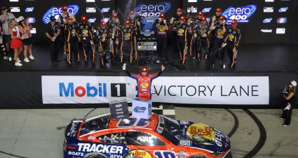 JOLIET, ILLINOIS - JULY 05: Chase Briscoe, driver of the #19 Bass Pro Shops Toyota, celebrates in victory lane after winning the NASCAR Cup Series eero 400 at Chicagoland Speedway on July 05, 2026 in Joliet, Illinois. (Photo by Jonathan Bachman/Getty Images) | Getty Images