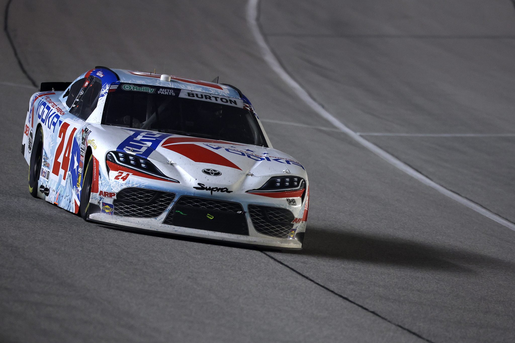 JOLIET, ILLINOIS - JULY 04: Harrison Burton, driver of the #24 Klutch Vodka Toyota, drives during the NASCAR O'Reilly Auto Parts Series Cuervo 300 at Chicagoland Speedway on July 04, 2026 in Joliet, Illinois. (Photo by James Gilbert/Getty Images) | Getty Images