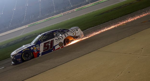 JOLIET, ILLINOIS - JULY 04: Jeremy Clements, driver of the #51 Sky Fund Aviation Chevrolet, drives with a missing rear tire after an on-track incident during the NASCAR O'Reilly Auto Parts Series Cuervo 300 at Chicagoland Speedway on July 04, 2026 in Joliet, Illinois. (Photo by Jonathan Bachman/Getty Images) | Getty Images