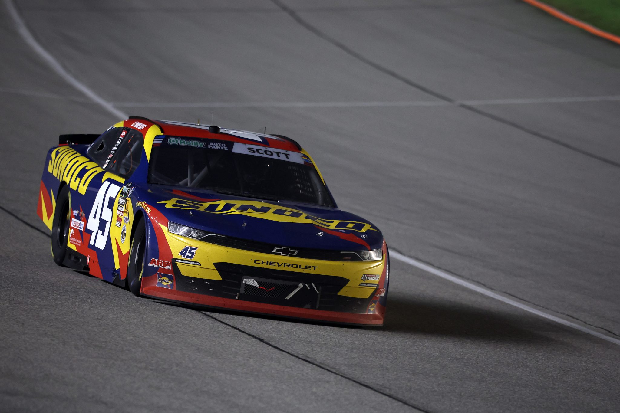 JOLIET, ILLINOIS - JULY 04: Lavar Scott, driver of the #45 Sunoco Chevrolet, drives during the NASCAR O'Reilly Auto Parts Series Cuervo 300 at Chicagoland Speedway on July 04, 2026 in Joliet, Illinois. (Photo by James Gilbert/Getty Images) | Getty Images