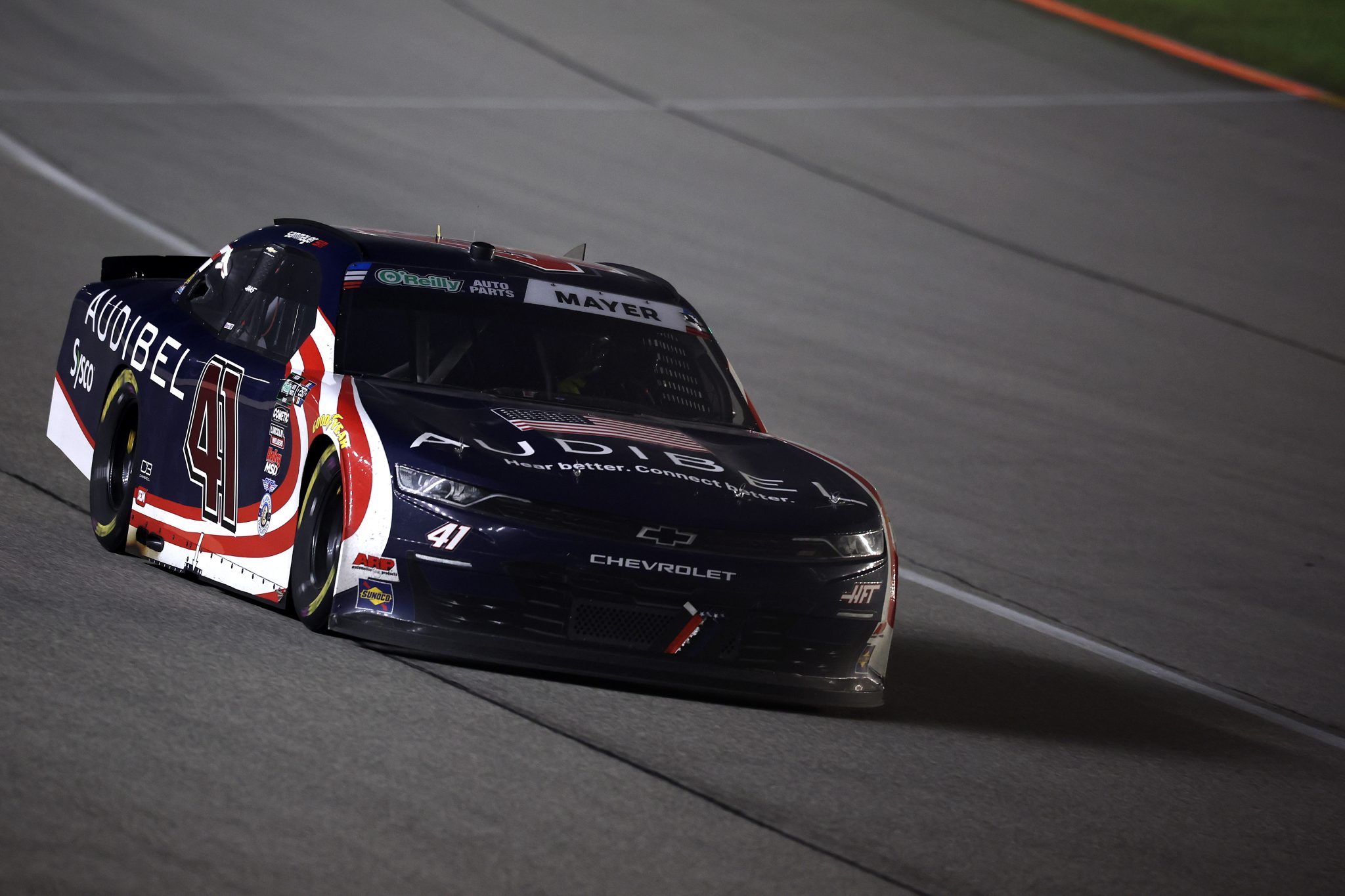 JOLIET, ILLINOIS - JULY 04: Sam Mayer, driver of the #41 Audibel Hear Better Connect Better Chevrolet, drives during the NASCAR O'Reilly Auto Parts Series Cuervo 300 at Chicagoland Speedway on July 04, 2026 in Joliet, Illinois. (Photo by James Gilbert/Getty Images) | Getty Images
